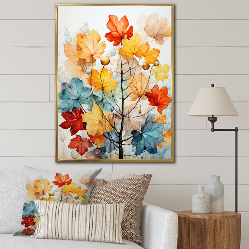 Feuilles d'automne Palette Mute IV - Décoration murale florale et botanique, H 32 po x l 16 po x P 1 po, Cadre flottant doré