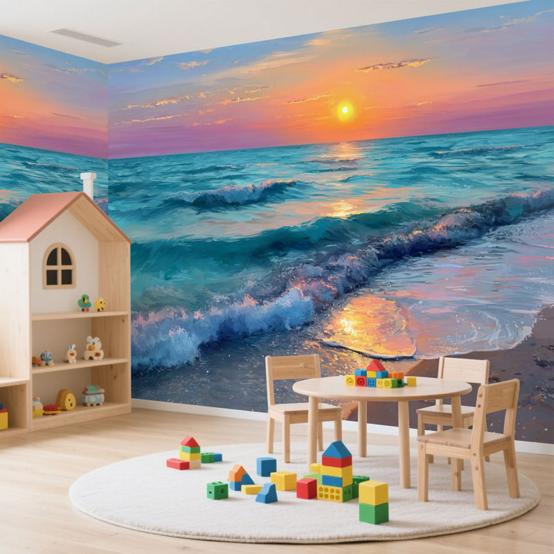 Papier peint adhésif auto-adhésif moderne pour la chambre à coucher - Avec la mer, paysage, coucher de soleil, vagues de l'océan, plage de sable, impression de nuage