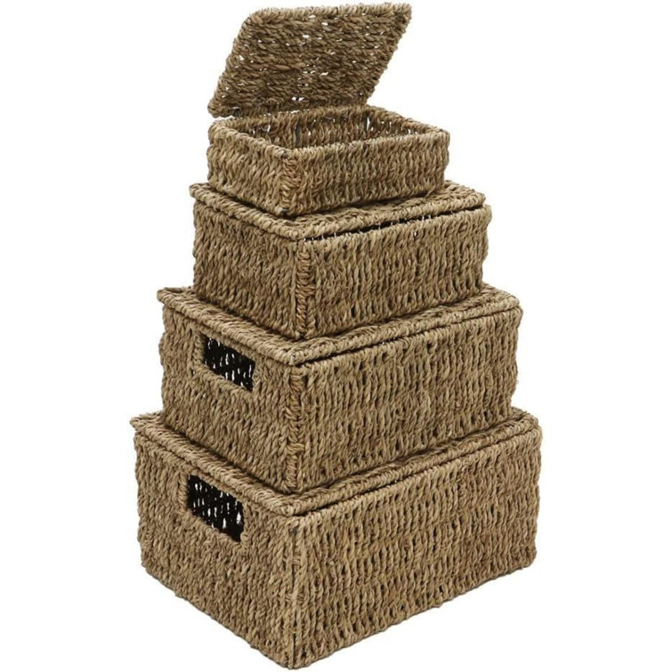 MantraRaj Stackable Seagrass 4 Piece General Basket Set Rectangular Lidded Storage Baskets
