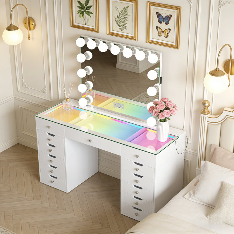 Ensemble de meuble-lavabo avec miroir lumineux et plateau en verre HD avec 13 bandes de lumière DEL intégrées