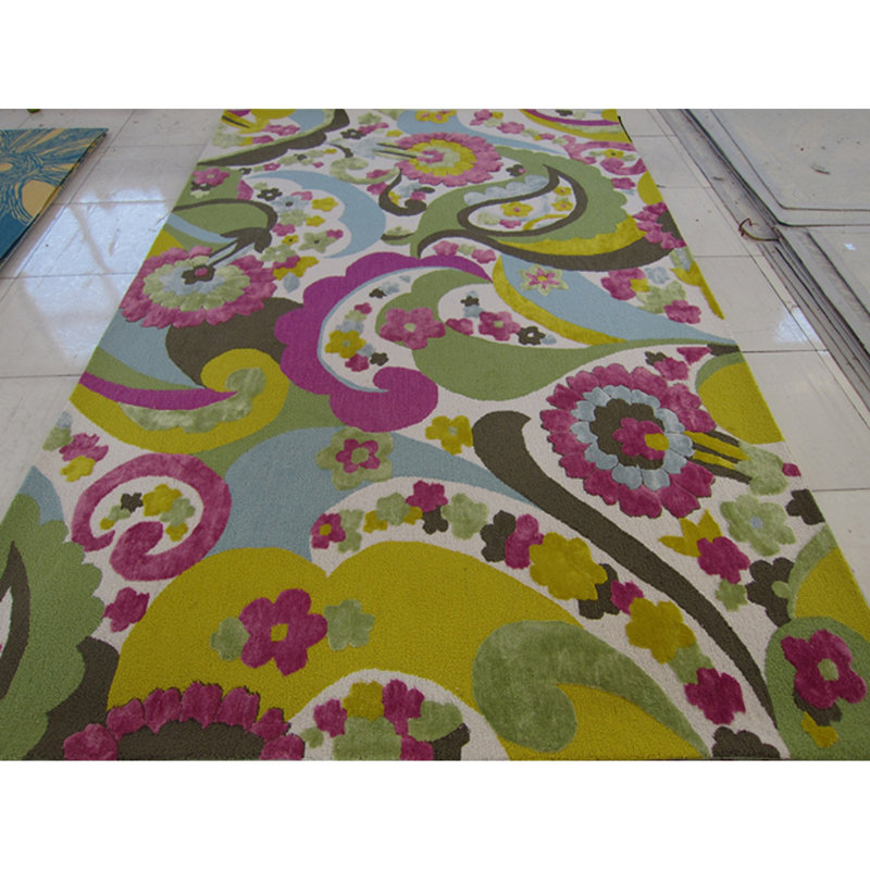 Tapis vert / bleu / mauve en laine crocheté à la main Lawanda, Rectangle 4 pi x 6 pi