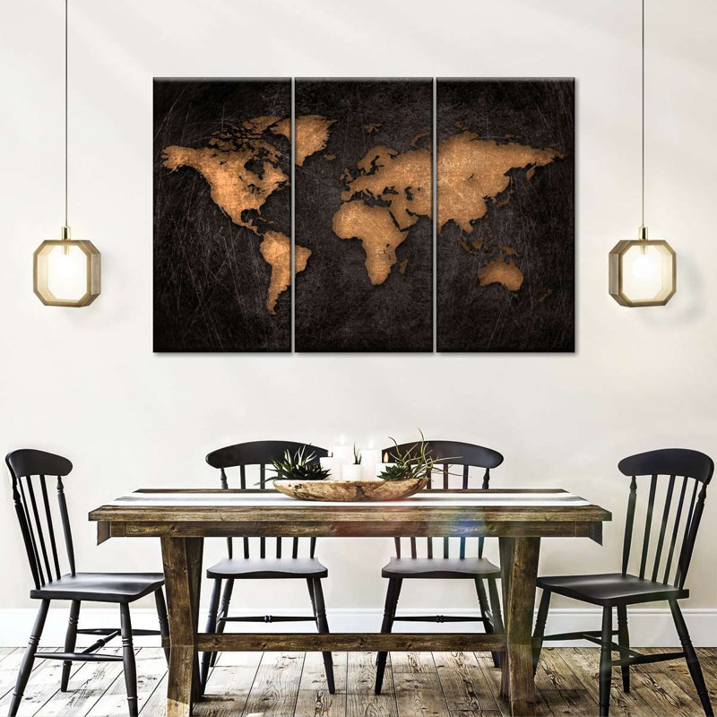 «World Map Aged World Map XXXIV», ensemble de 3 pièces sur toile par Finnian P, H 24 po x l 38 po x P 1,25 po