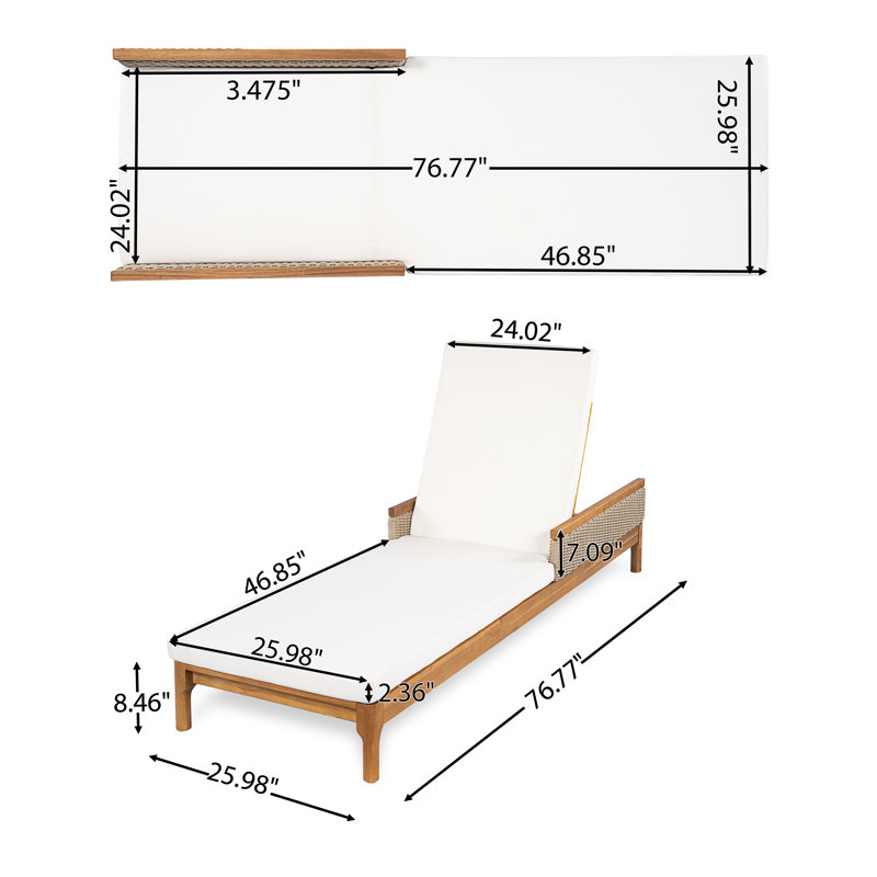 Modern Coastal Solid Acacia Wood Adjustable Outdoor Chaise Lounge with Cushions and Woven Rattan, Beige Cushion/Natural Frame