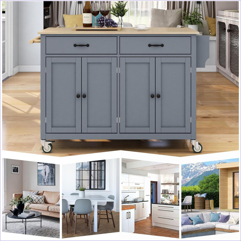 Chariot pour îlot de cuisine avec plateau en bois massif, armoire à 4 portes, 2 tiroirs Roulettes verrouillables, largeur 54,3 po (bleu marine) | Panneau de fibres à densité moyenne | Bleu