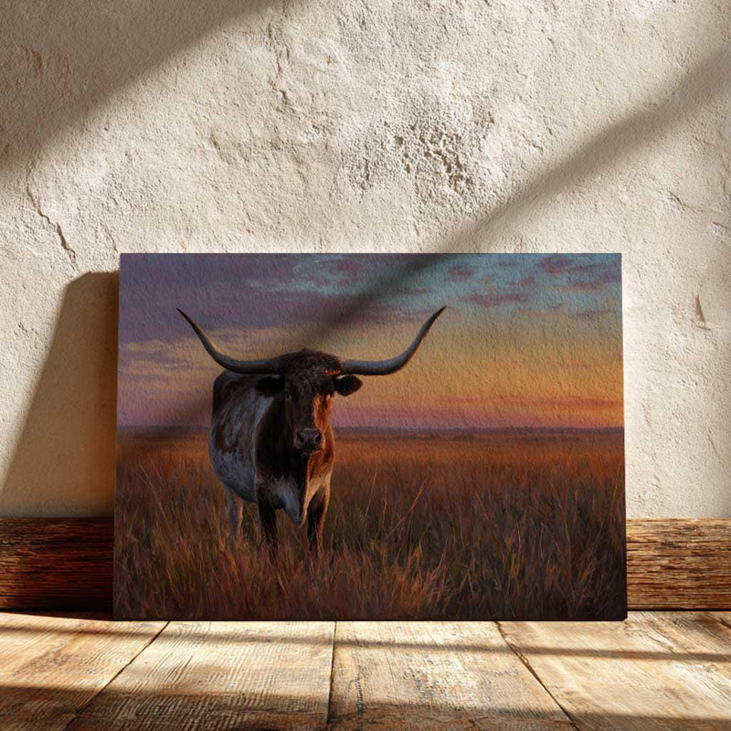 «Texas Longhorn Sunset», art mural - décor de ranch de l'Ouest - impression de paysage de campagne rustique
