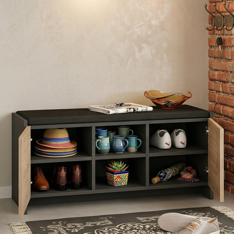 Elara 43" Wide Modern Shoe Storage Bench with Upholstered Seat and Soft-Close Doors, Anthracite Oak