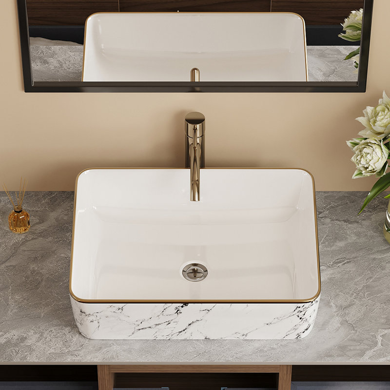 18.9'' Rectangle Ceramic Vessel Bathroom Sink, Golden Edge