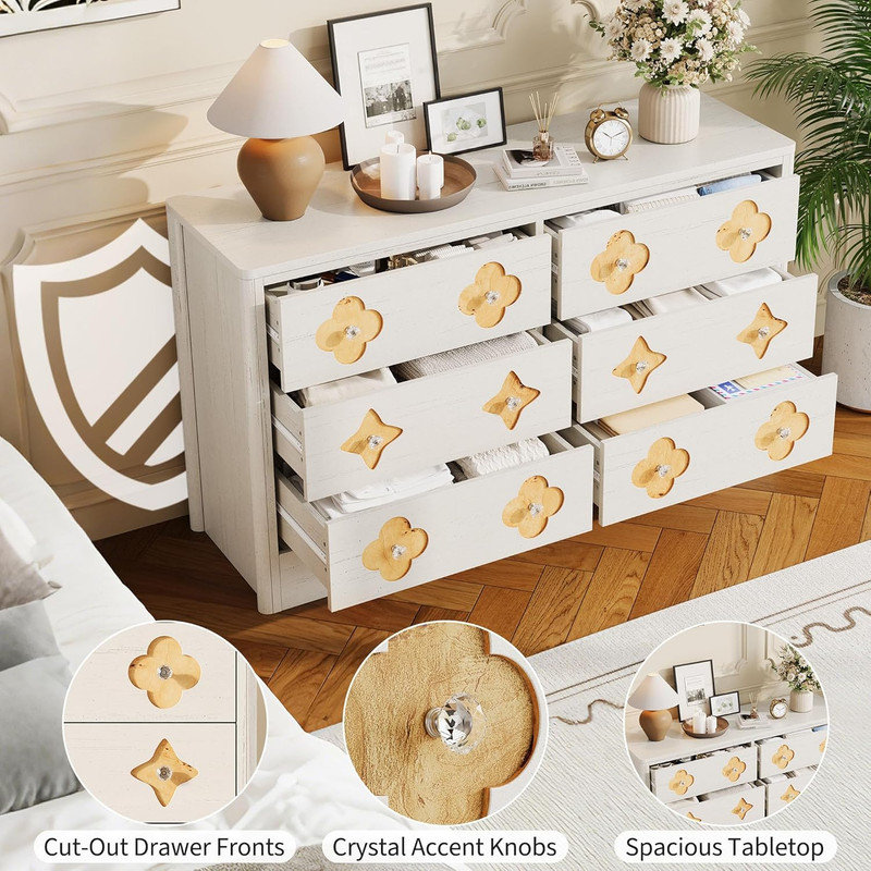 6/7 Drawer Boho Dresser, Wooden Chest with Decorative Front & Crystal Knobs for Bedroom, White
