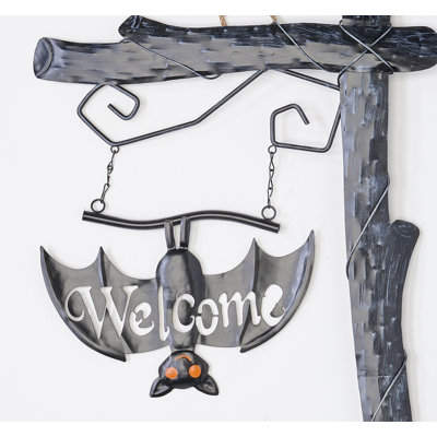 37" Metal Halloween Welcome Sign Post with Bat Garden Stake