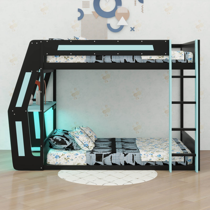 Lit superposé double avec bureau et lumière DEL, Bleu nuage