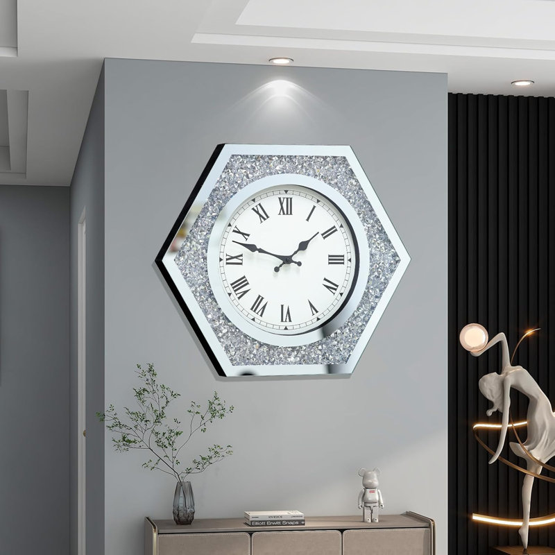 Horloge murale 20 pouces à miroir en diamant écrasé - Décoration en cristal silencieuse pour le salon