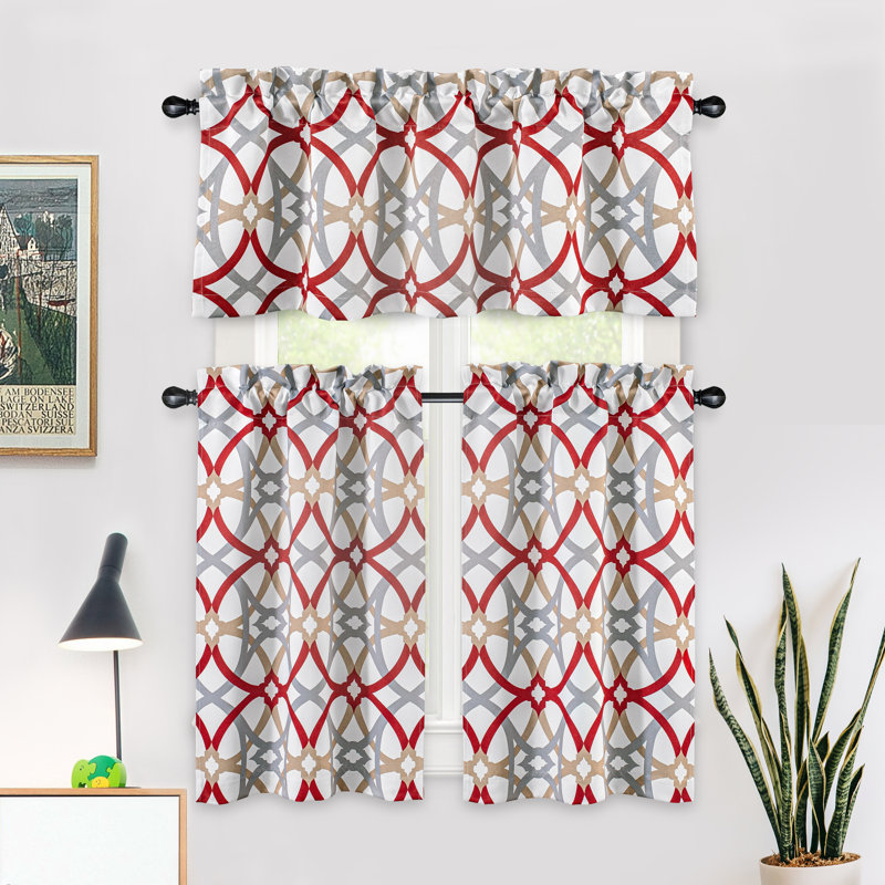 Geometric 3 Pieces Kitchen Curtain Set Tailored 52" Kitchen Curtain, Red, 52” W x 54” L