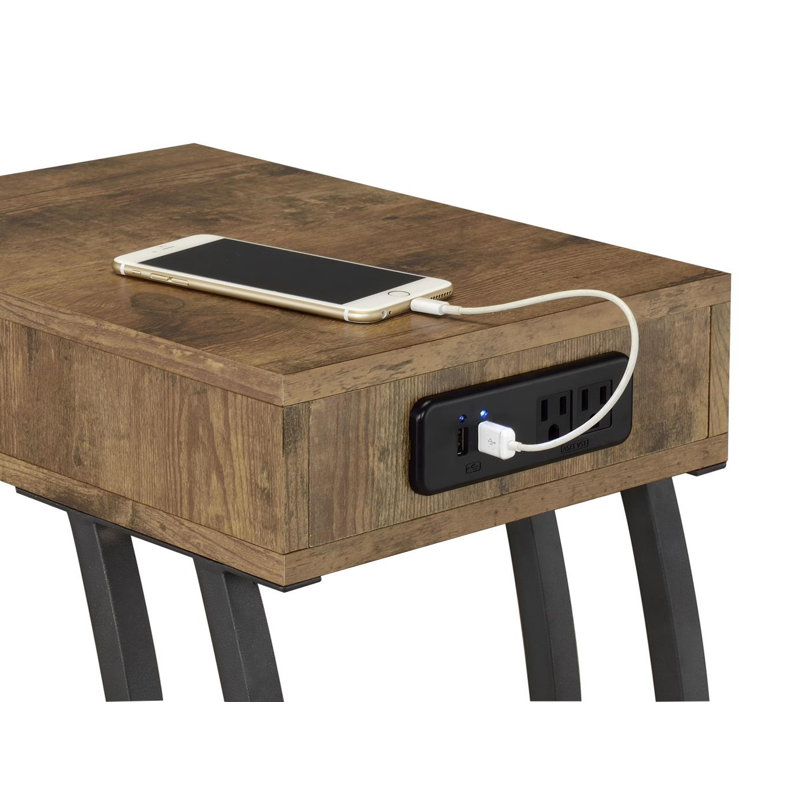 Lunardi C - Shaped End Table with Built-In Outlets, Brown Wood