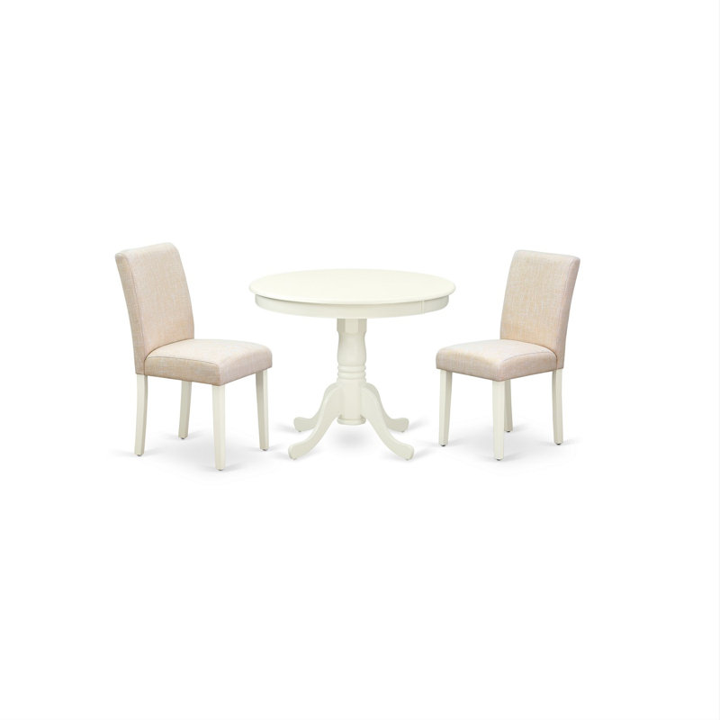 3 Piece Dinette Set for Small Spaces Contains a Round Kitchen Table with Pedestal and 2 Light Beige Linen Fabric Parson Chairs, Linen White