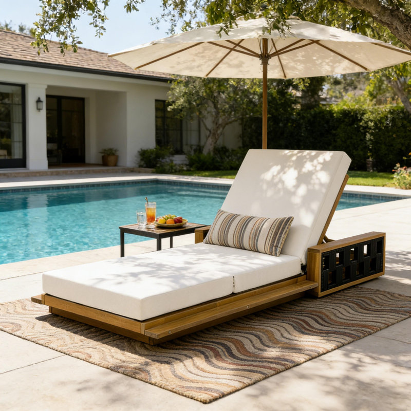 Schnitzer Patio Acacia Wood Chaise Lounge With Adjustable Backrest & 3-Fold Cushion (Table Not Included), Cream
