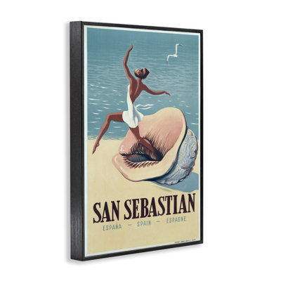 Stupell Industries Vintage Woman On Beach Advertisement Framed Giclee Art, Design By Marcus Jules In Midnight Black Framed Giclee