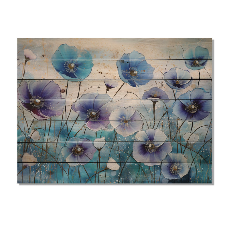 «Blue and Purple Morning Glory Flowers», art mural en bois sur bois de pin naturel, H 10 po x l 20 po