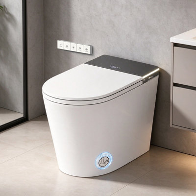 Toilette intelligente, toilette une pièce avec bidet intégré, toilette allongée moderne avec réservoir intégré, siège de toilette chauffant, eau chaude bidet, sécheuse, chasse d'eau automatique, capteur de pied