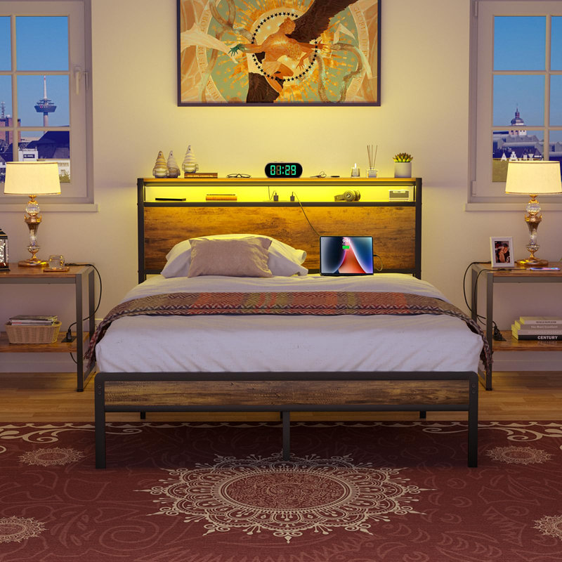 Jaquaya Bed Frame with Charging Station and Led Lights, Full / Double, Brown