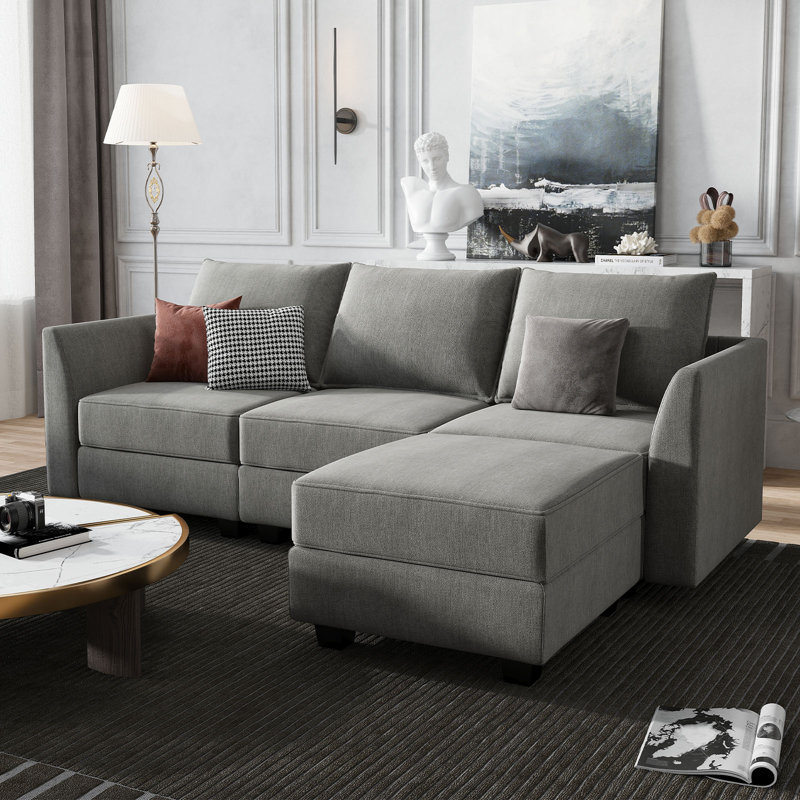 Canapé modulaire en L avec rangement Manusite, 100% polyester gris