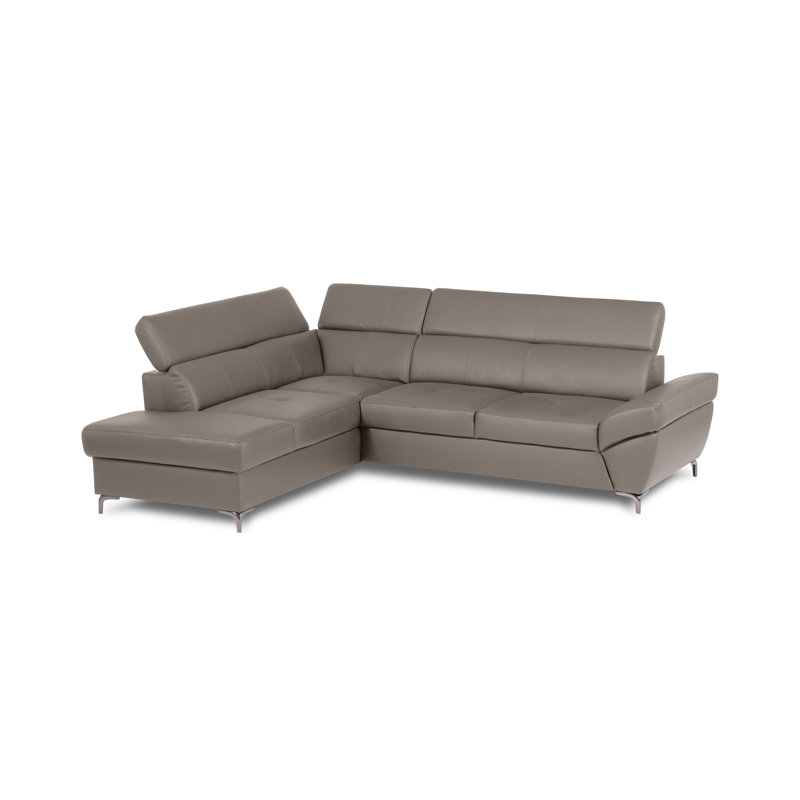 CAPRI Genuine Leather Corner Sofa with Pull-Out Bed and Storage and Adjustable Headrests, Left Hand Facing, Grey
