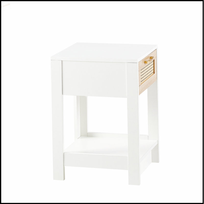 Table de bout en rotin 15,75 pouces avec tiroir, table de chevet moderne pour le salon et la chambre à coucher, blanc