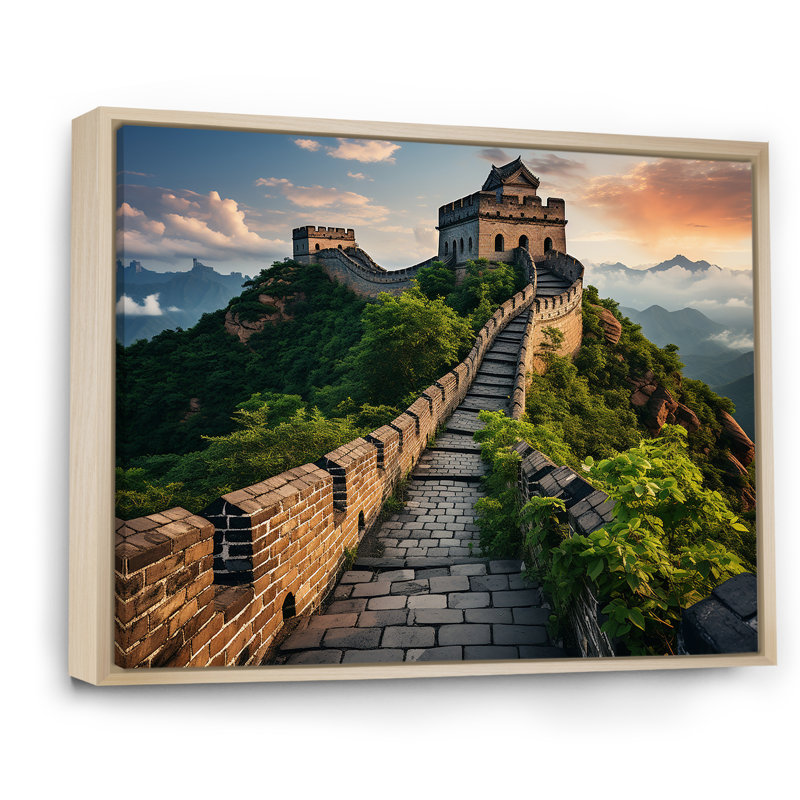 Grande muraille de Chine au coucher du soleil - Art mural Chine, Cadre flottant brun, H 30 po x l 40 po x P 1,5 po