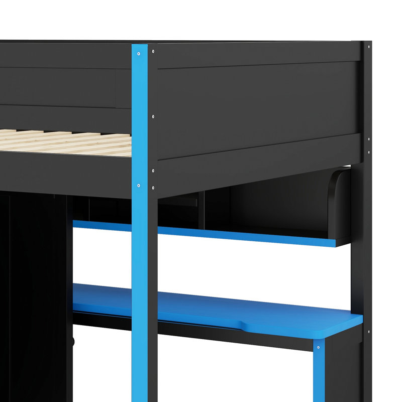 Le lit mezzanine avec armoire, bureau et éclairage offre un rangement optimisé et un style moderne pour la décoration de la chambre.