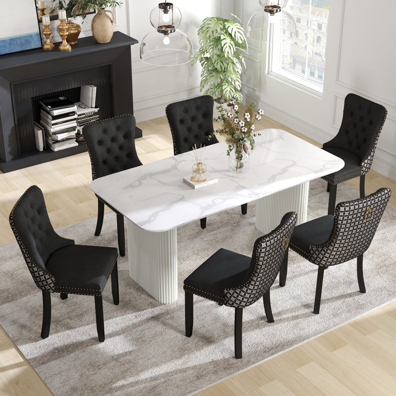 Rectangle Double Pedestal Dining Set with Cream Style Dining Table, 5, Black/Beige