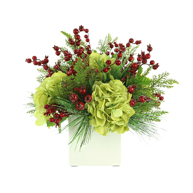 Hydrangeas and Berries Embellished with Festive Greens