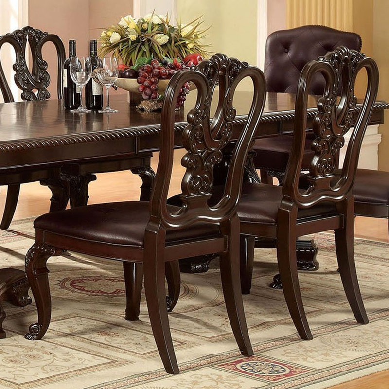 Chaises d'appoint de luxe traditionnelles de luxe en bois massif brun foncé avec siège rembourré et dossier en cerisier orné pour la salle à manger