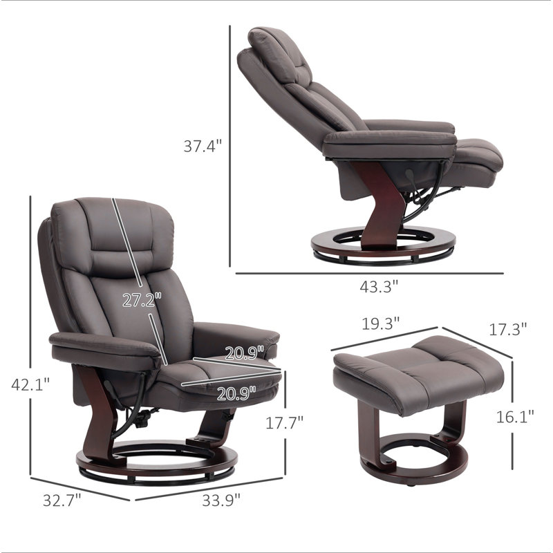 Swivel Recliner With Ottoman, PU Leather Reclining Chair With Footrest, Dark Brown
