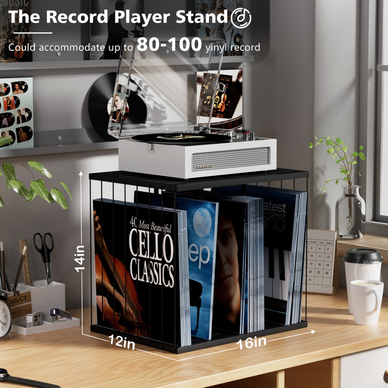 Support pour disque vinyle jusqu'à 80 albums, support pour tourne-disque à 3 compartiments pour magazines, livres noirs, Noir
