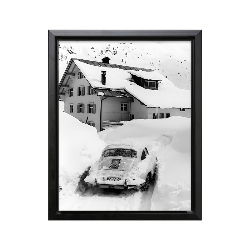 Voiture coincée dans la neige, 11"H x 14"W, Canvas, Black Framed