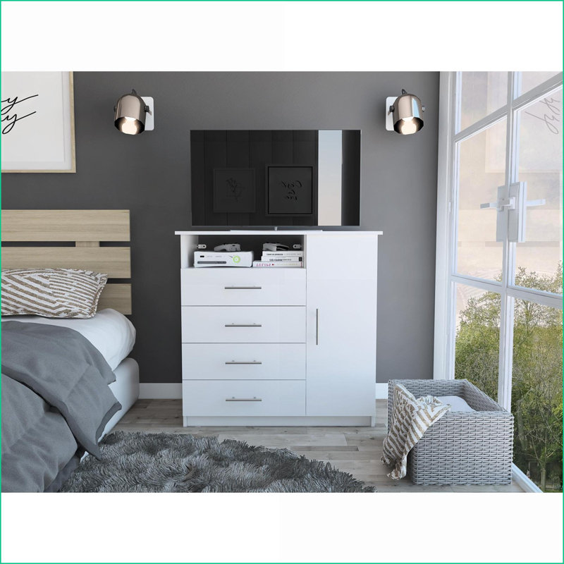 Commodes avec 4 tiroirs, armoire haute et amp; Tablette ouverte | Blanc | Panneau de particules, Blanc