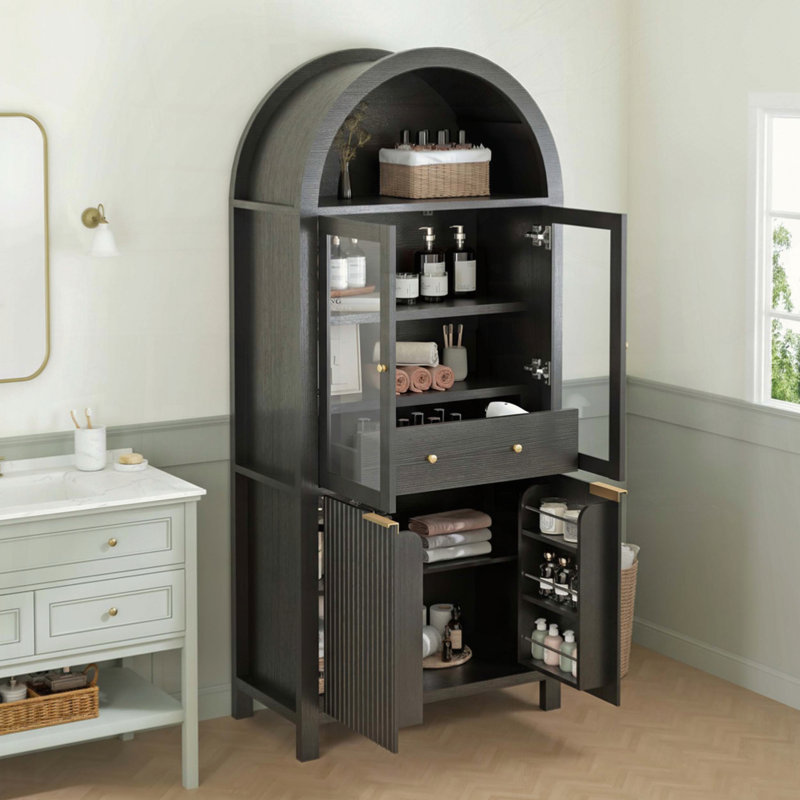 Armoire de rangement cintrée haute de 71 pouces avec tablettes réglables, tiroir dissimulé et porte vitrée, Black
