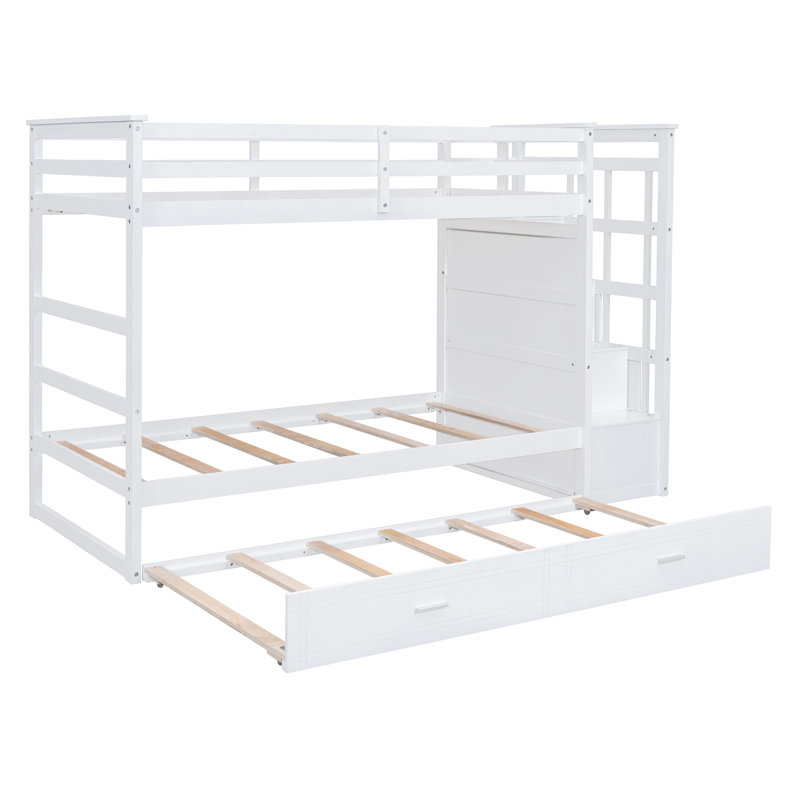 Lit superposé avec lit gigogne, escalier de rangement et tiroirs - Structure en bois massif pour enfants et adolescents