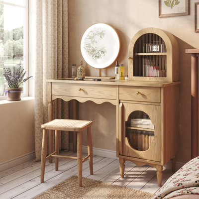 Japandi Makeup Vanity With 2 Drawers And 2 Cabinets, Arched Sytle Vanity Desk With Glass Doors And Wooden Legs