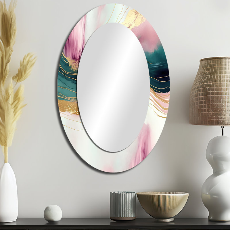 Miroir mural abstrait moderne en marbre rose et vert III, 36 po x 24 po