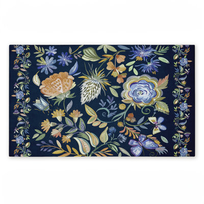 Painted Blue Floral on Black Printed Outdoor Door Mat, design by Ani Del Sol, 18"x30"