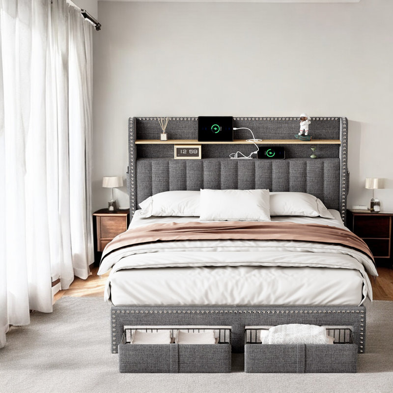 Caida Upholstered Storage Bed, Grey