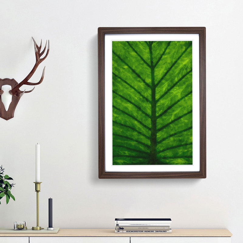 Green Leaf Lines - Single Picture Frame Painting on MDF, 63cm H x 45cm W x 2cm D, Walnut Framed