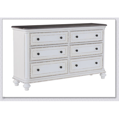 Commode 6 tiroirs blanc antique et gris brun avec boutons noirs, design traditionnel pour un rangement élégant dans la chambre à coucher