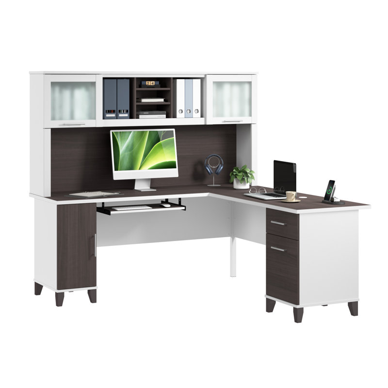 Bureau en L de 72 po avec huche et rangement Paelynn, bureau d'ordinateur en coin, bois moderne, gris orage et blanc