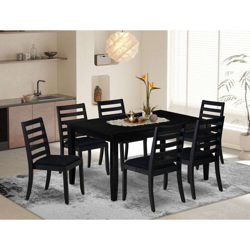 7 Piece Dining Set Includes a Rectangular Kitchen Table with Black Tabletop and 6 Stackable Polyester Fabric Chairs, Black