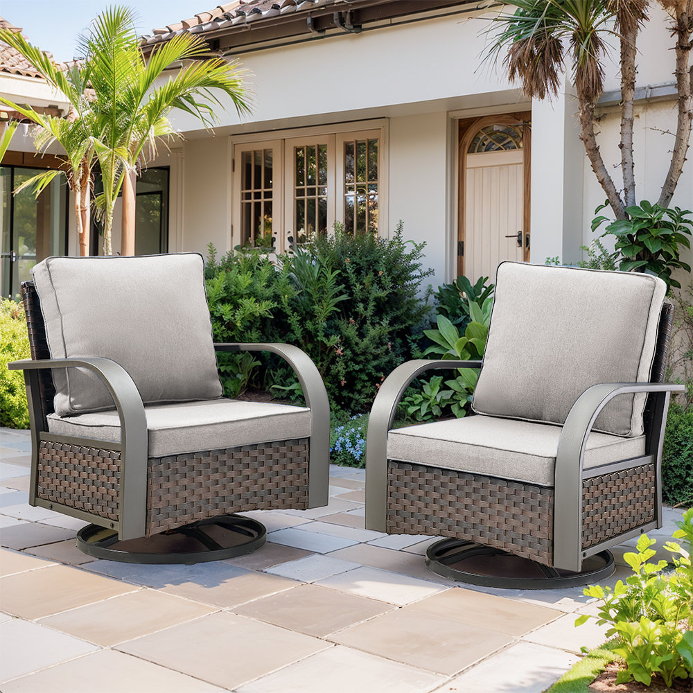 Bobra Outdoor Wicker Swivel Rocking Patio Lounge Chair with Cushions set of 2 Lark Manor™ Cushion 