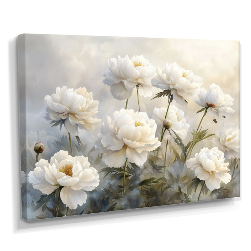 Iphigénia pivoines dans la brume de basse-cour I - pivoines, art mural pour le salon, H 12 po x l 20 po, Toile tendue