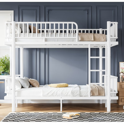 Queen over Queen Bunk Bed with Ladders & Guardrails, Metal Bunk Bed Frame with Upgraded Safety Round-Pipe Design, Can Transformed into 2 Platform Bed, White