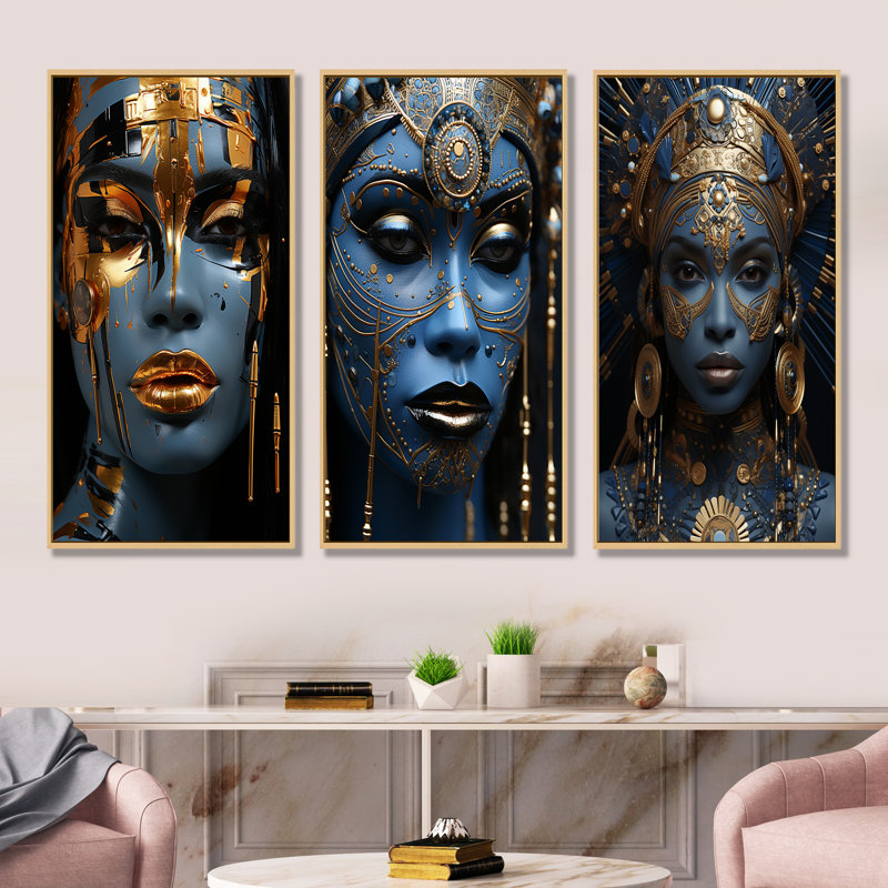 Traditional Traditional Beautiful Woman I - Woman, art mural sur toile, ensemble de 3, Cadre flottant brun, 28" H x 36" W