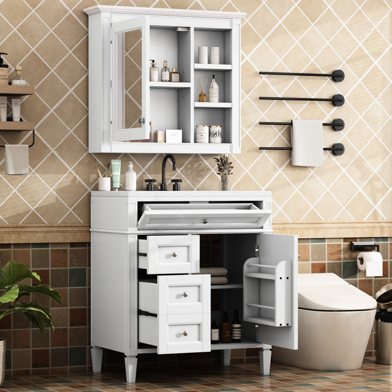 Meuble-lavabo de 30 po avec rangement polyvalent, 2 tiroirs, armoire à miroir, armoire de rangement moderne multifonctionnelle